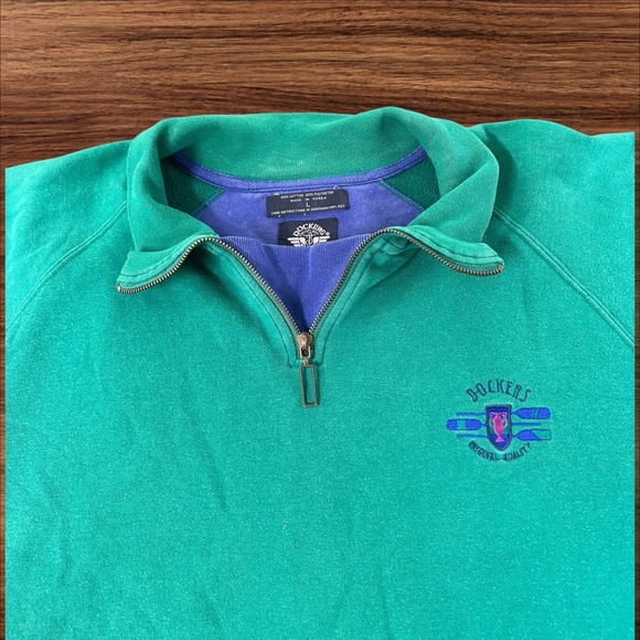 VTG Dockers Mens‎ Quarter Zip Sweatshirt Teal Green Original Quality Logo Size L - Picture 2 of 6